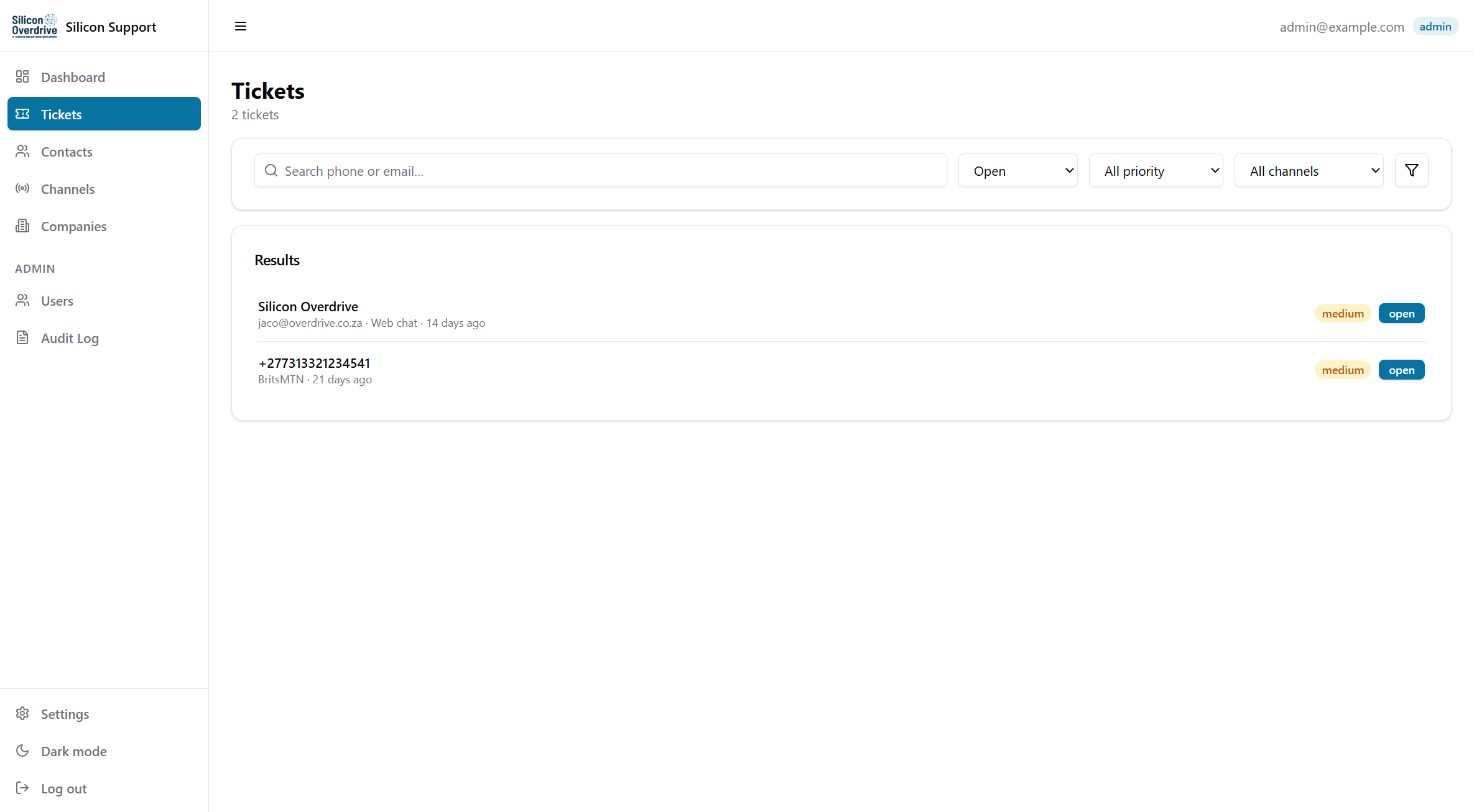 Tickets list with search and filters