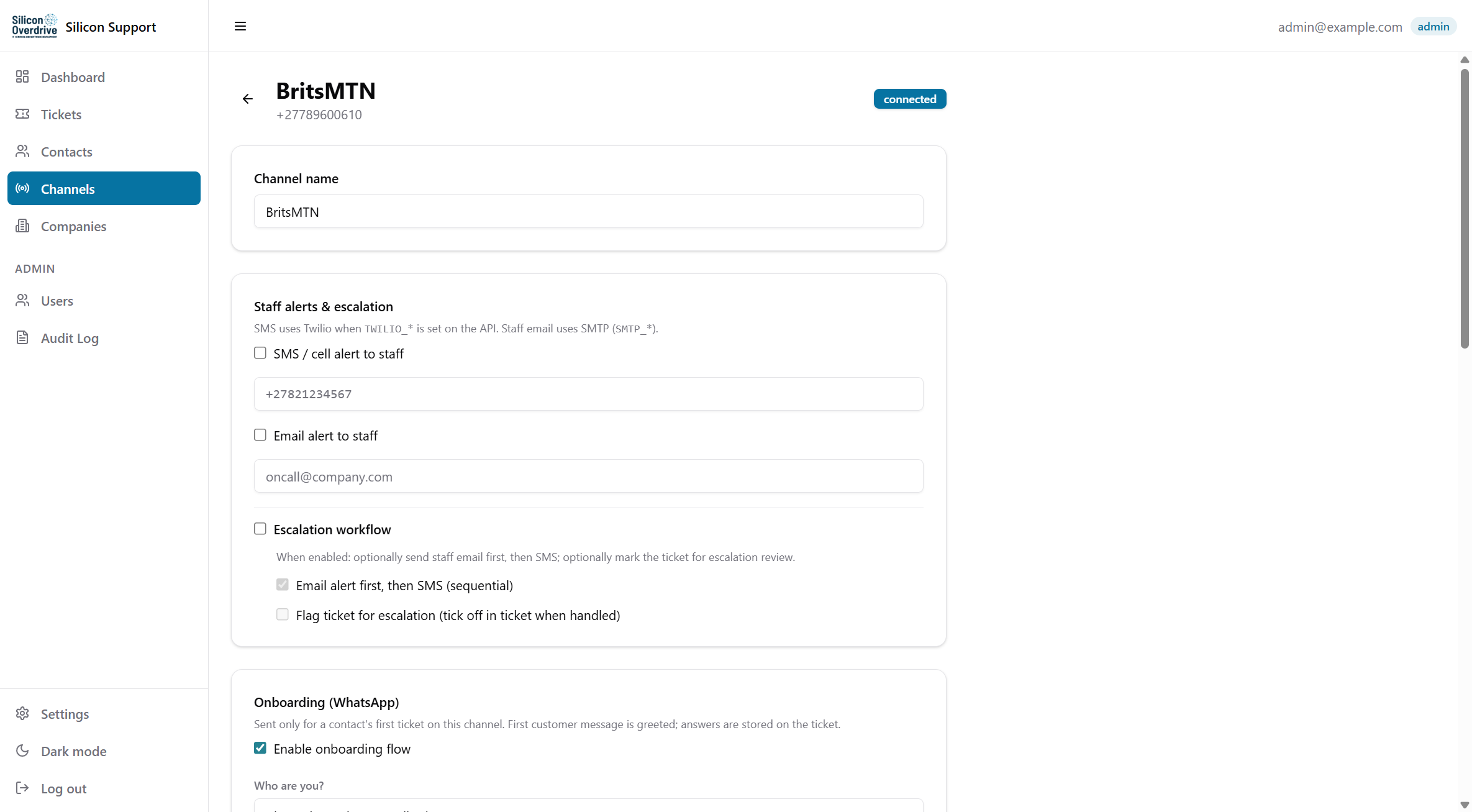 Channel detail: name, alerts, onboarding, AI
