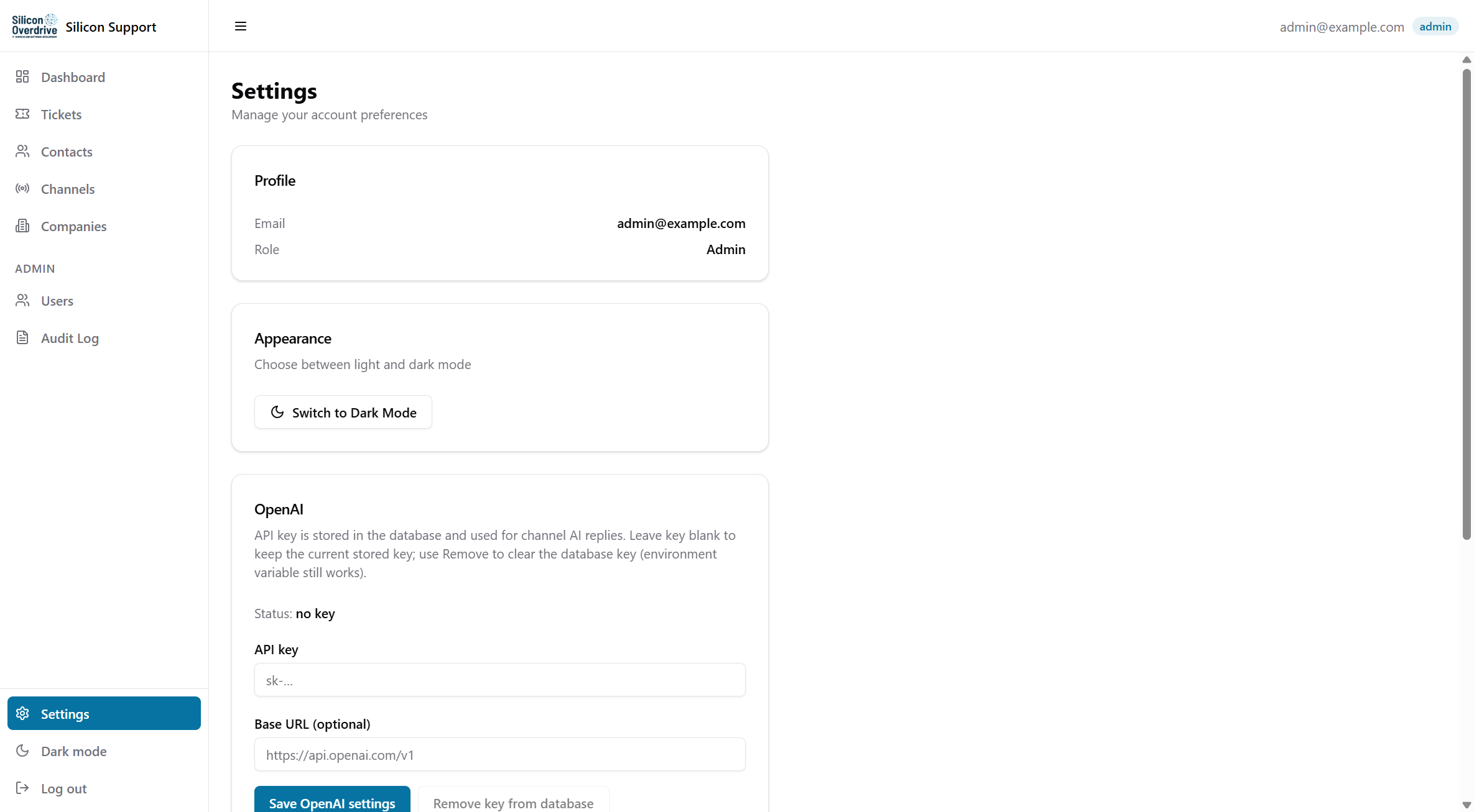 Settings: profile, appearance, OpenAI, change password