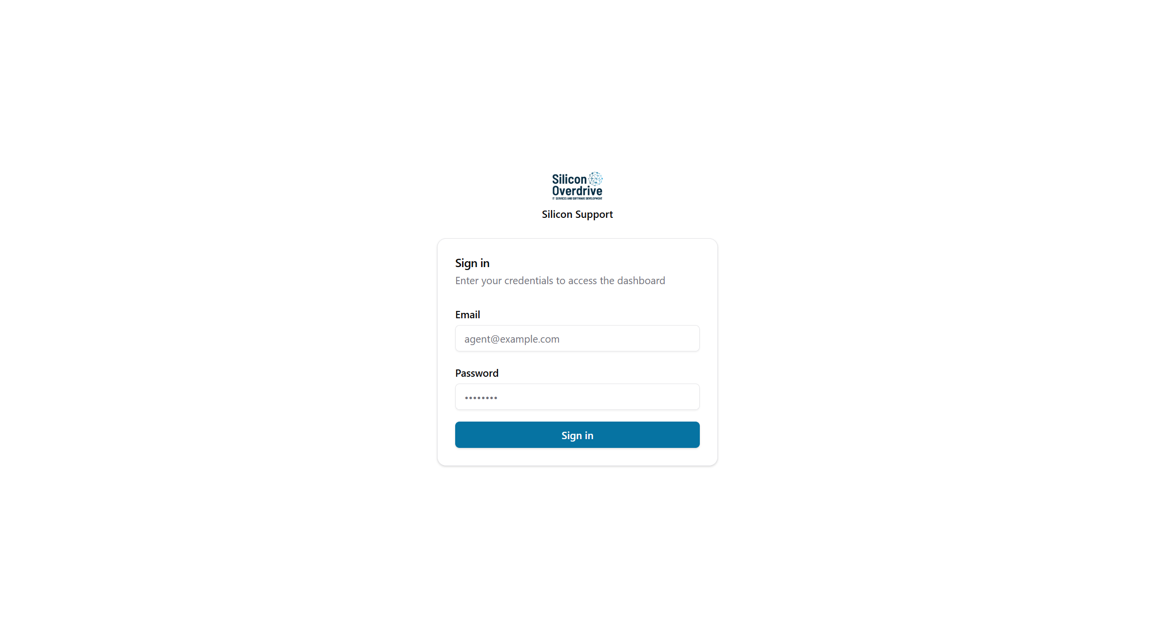 Sign-in page: Silicon Support branding, email and password fields